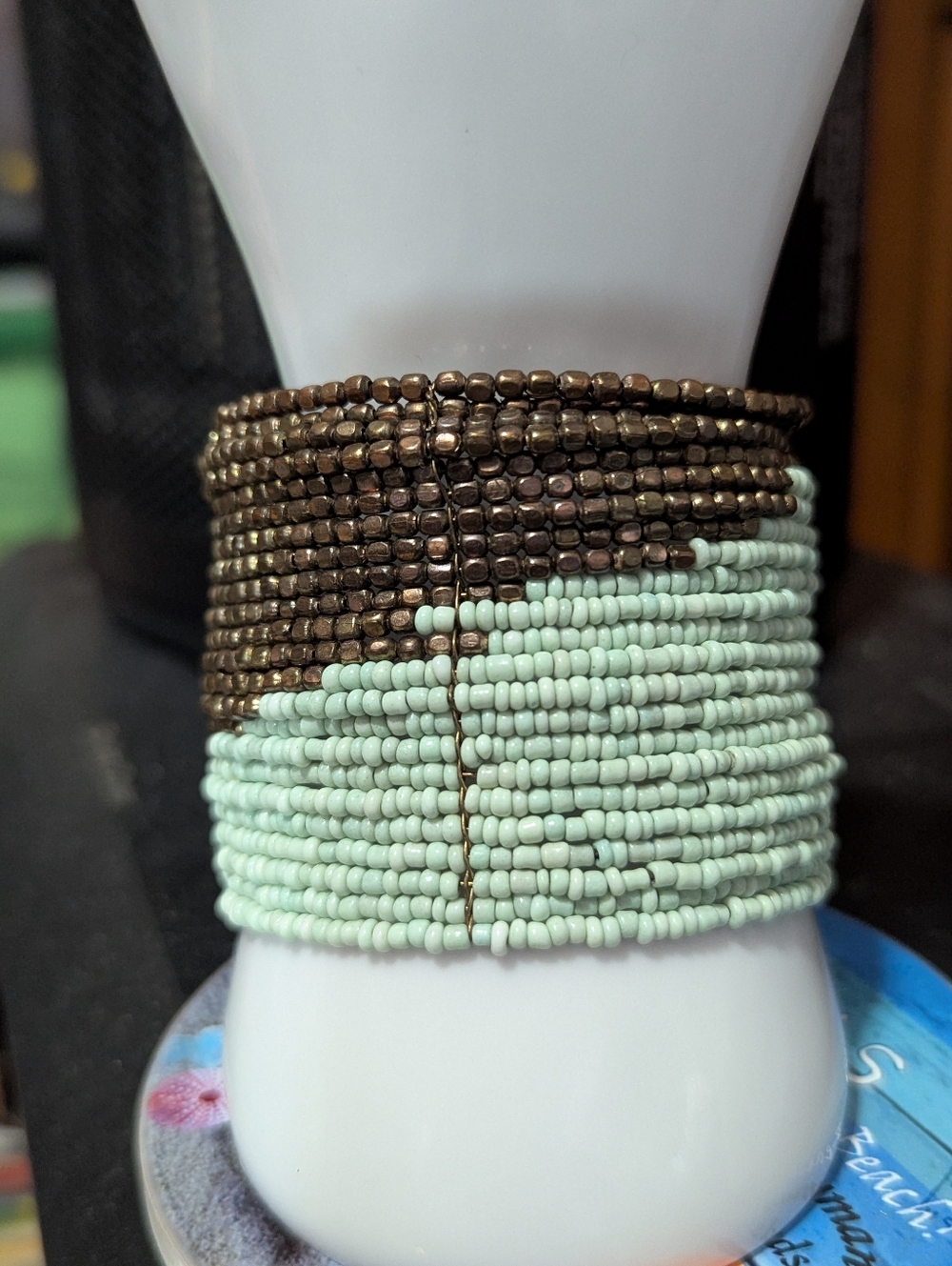 Seed Bead Multi Strand Statement Wired Cuff Bracelet African Green Bronze Boho